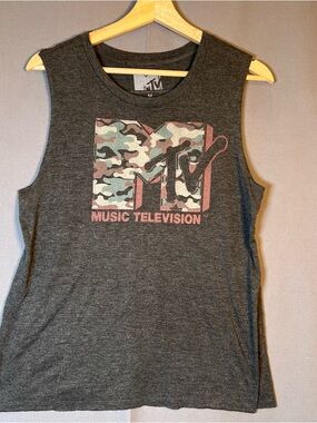 MTV Camo Logo Muscle Tank Charcoal Women’s SzM Retro Grunge Music Distressed
